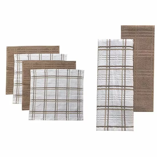 Food Network™ Plaid Kitchen Towel & Dishcloth Multi-Pack Khaki - Image 2